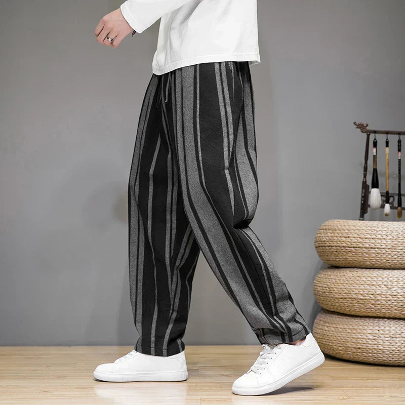Men's blue striped cropped trousers with wide leg and drawstring waist