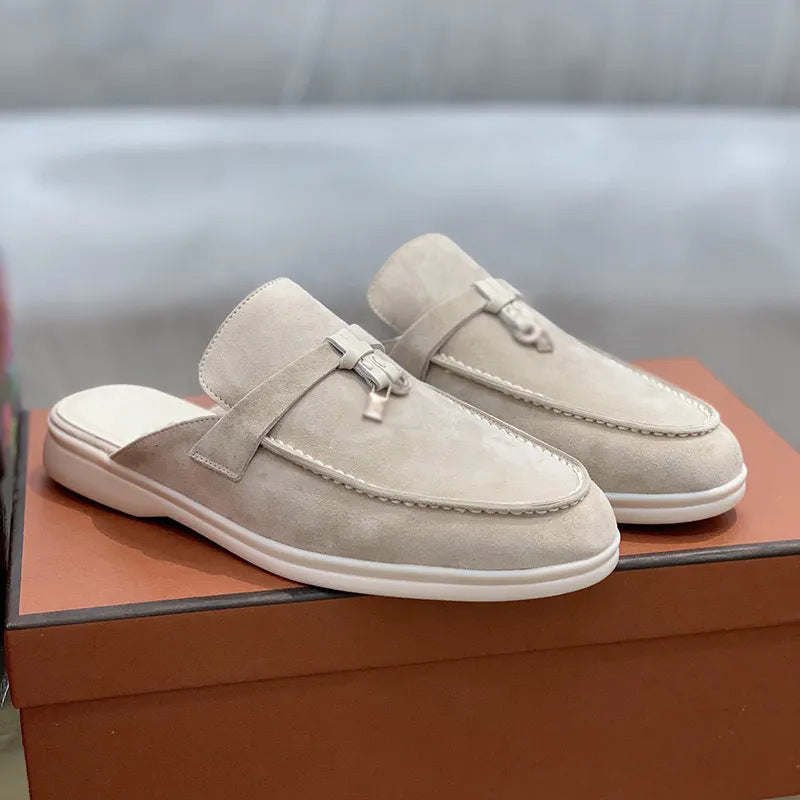 Men's beige suede mule loafers with open back and metal bar trim