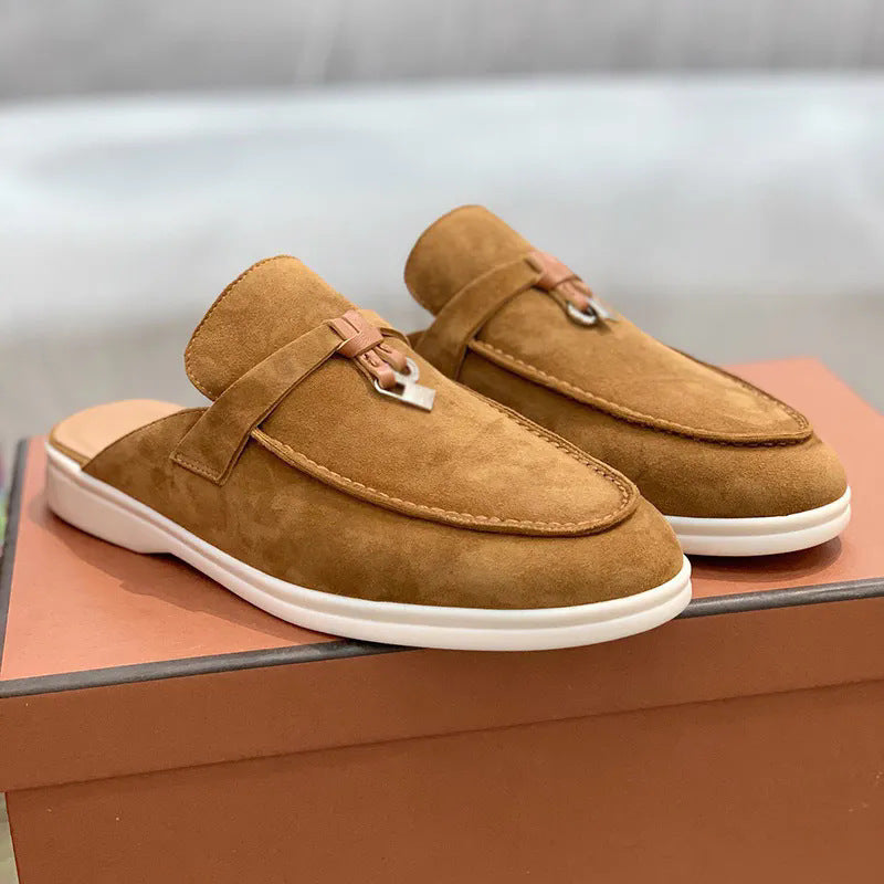 Men's beige suede mule loafers with open back and metal bar trim