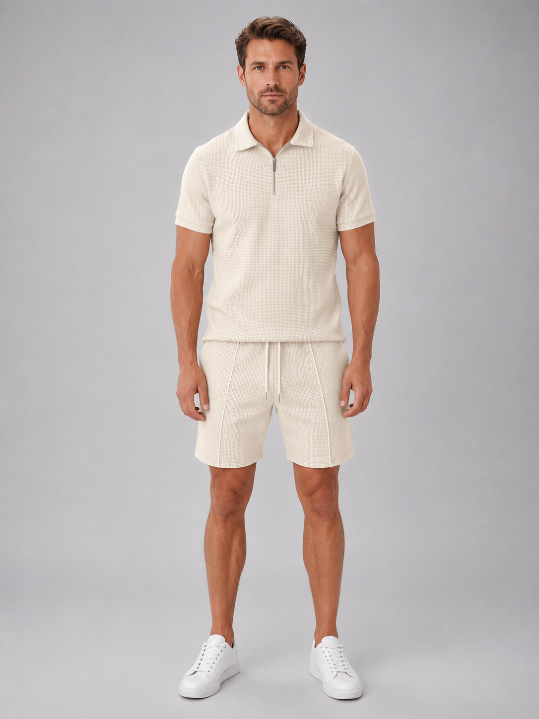 Men's beige polo and shorts co-ord set