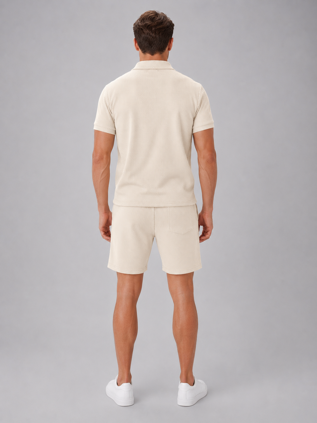 Men's beige polo and shorts co-ord set