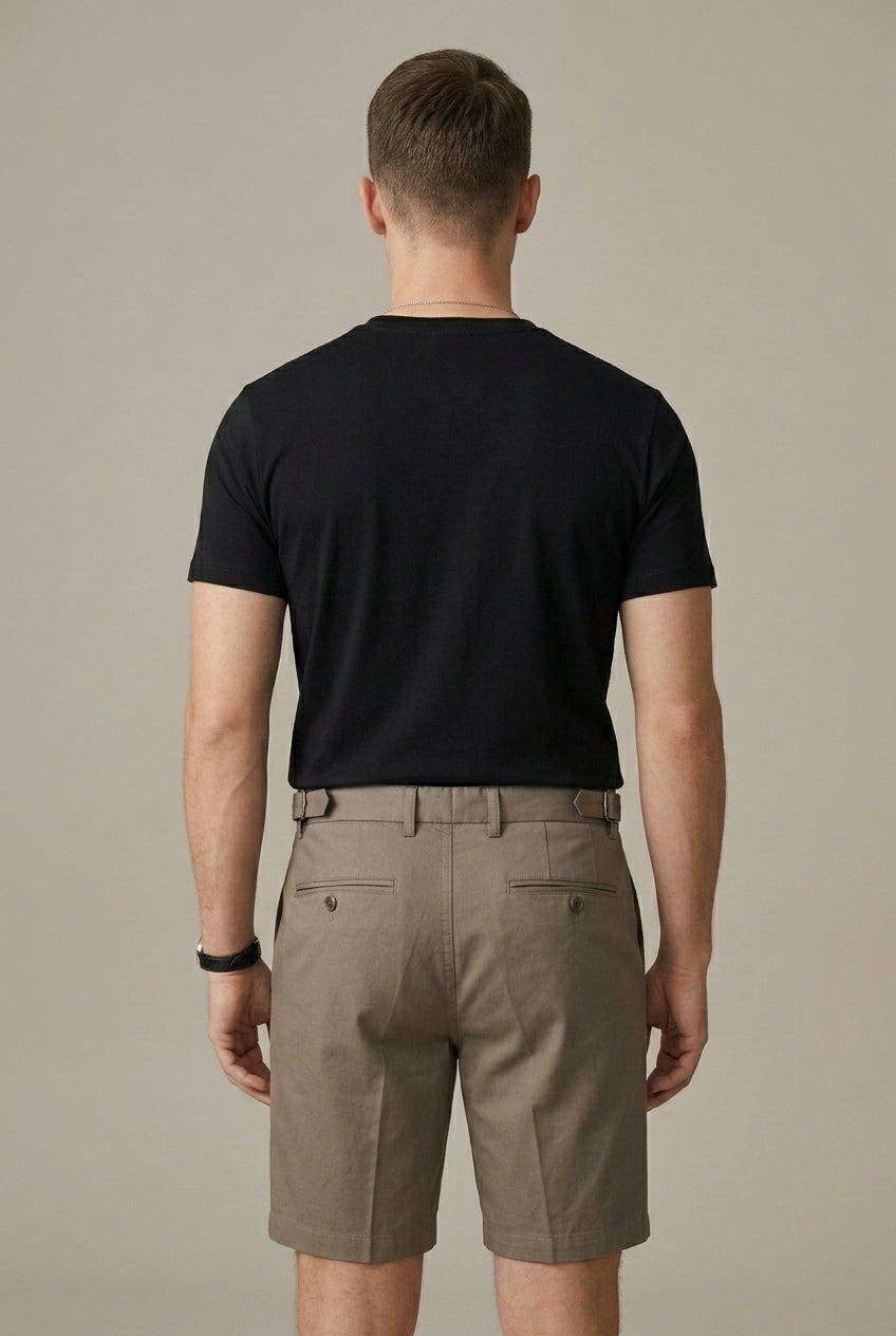 Men's khaki pleated chino shorts with high rise belt tab waist