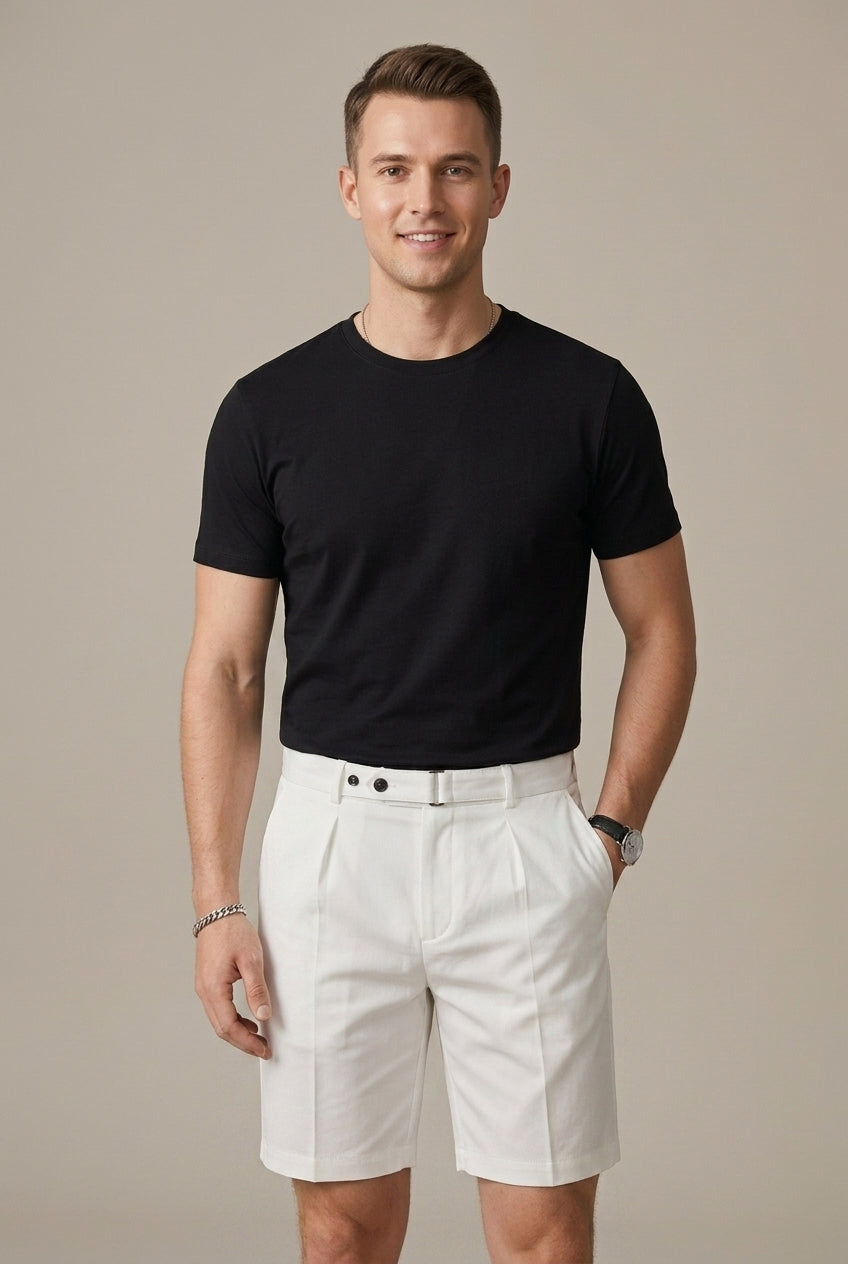 Men's khaki pleated chino shorts with high rise belt tab waist