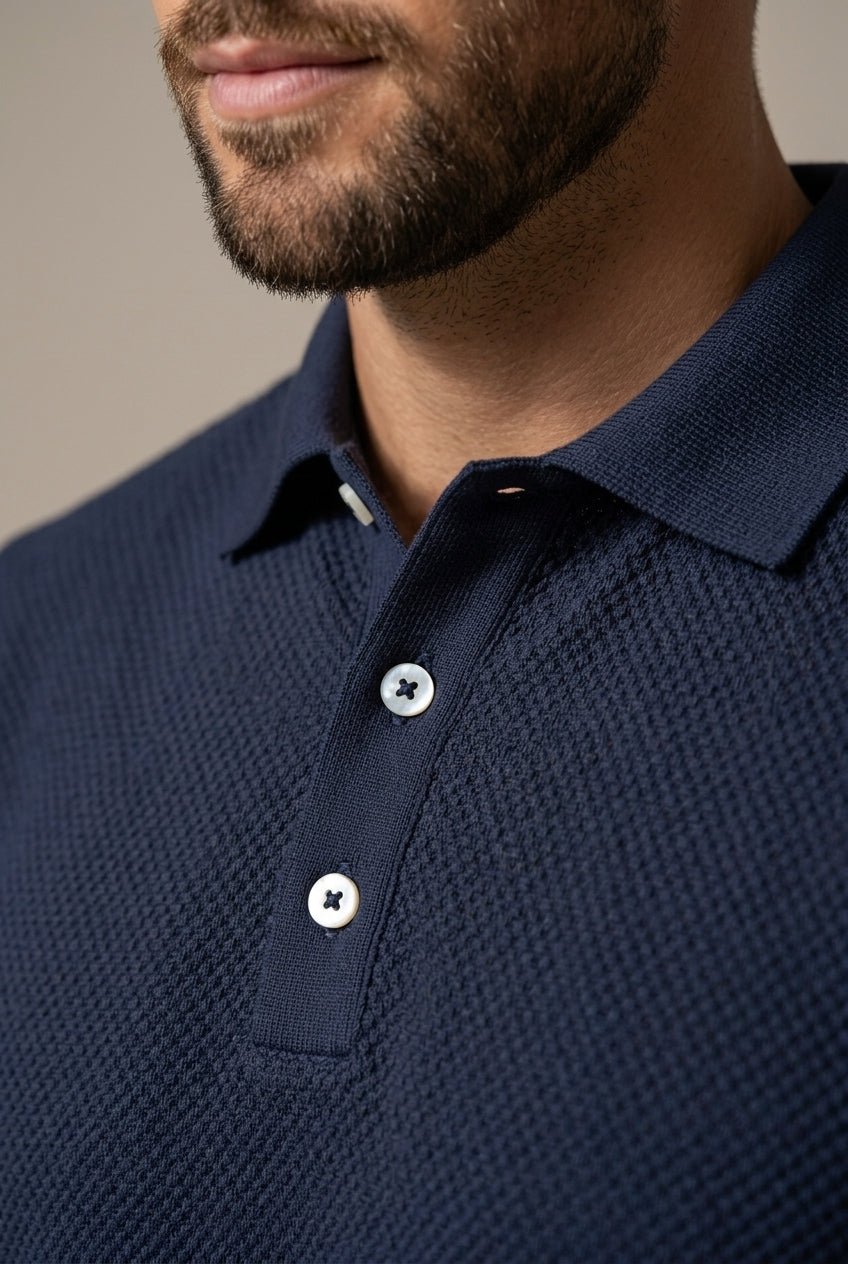 Men's navy textured polo shirt and shorts matching set