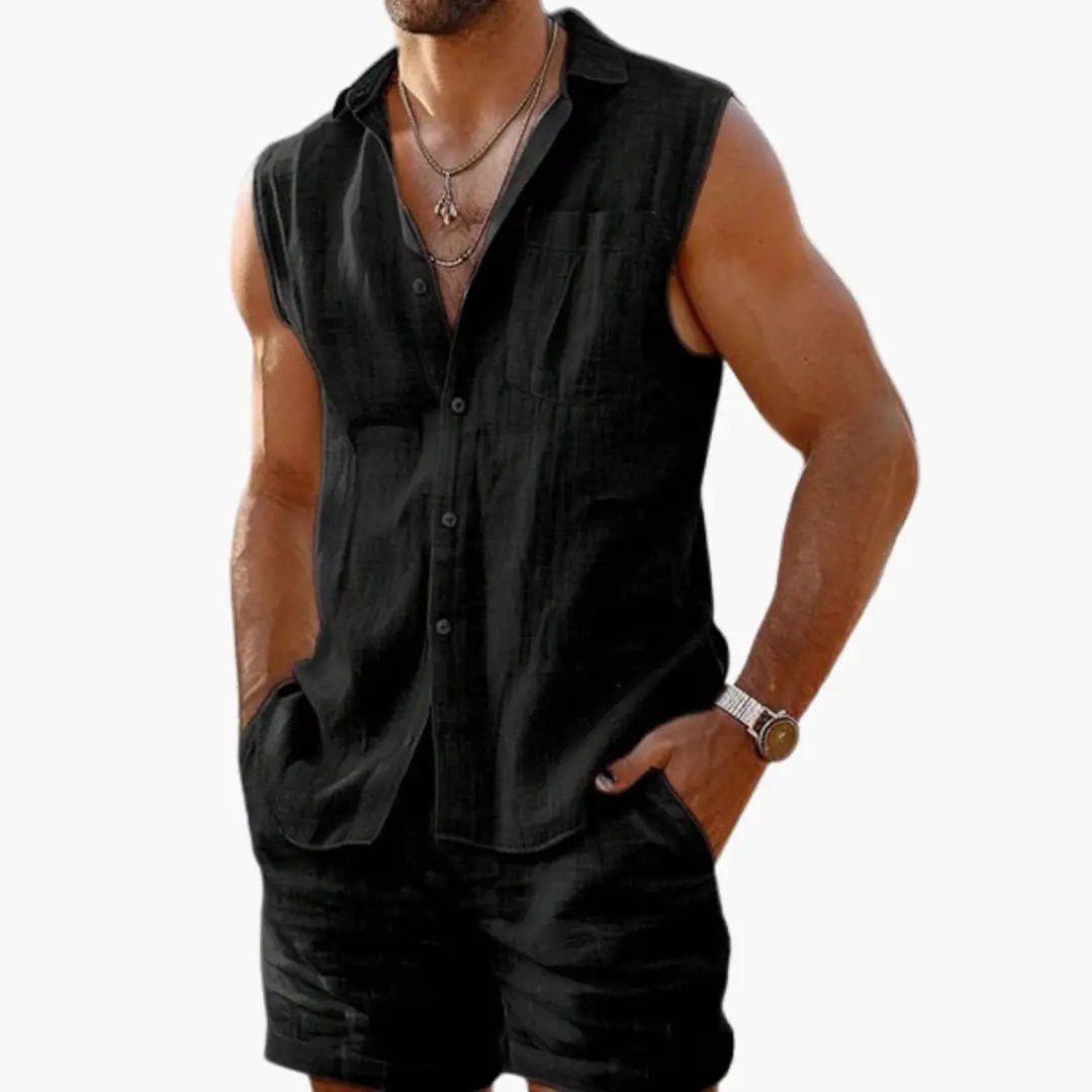 Men's apricot sleeveless collared shirt and shorts co-ord set