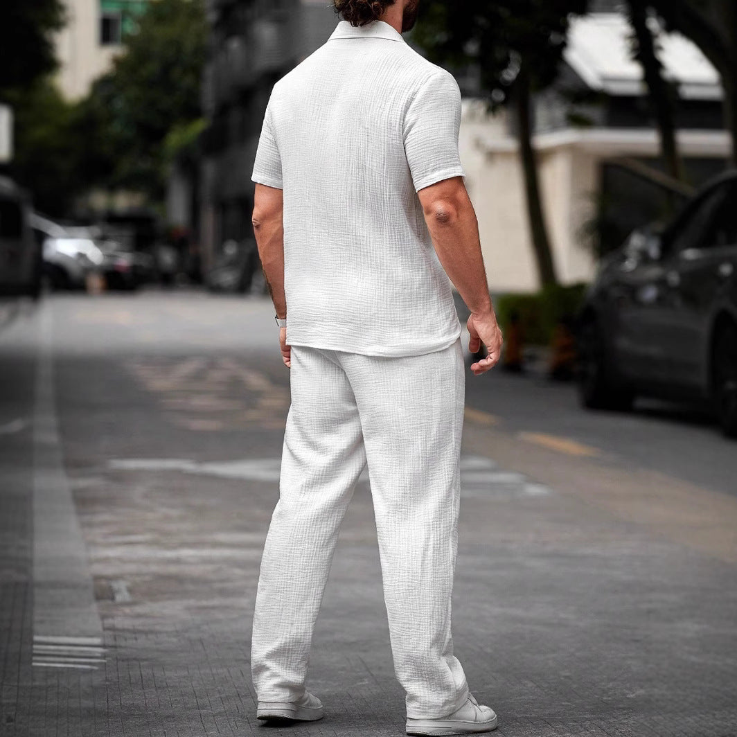 Men's white camp collar shirt and trousers two piece set