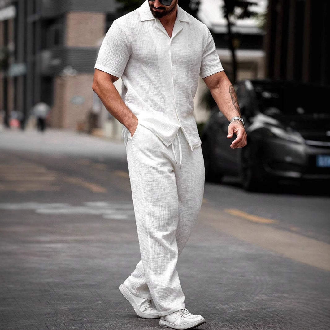 Men's white camp collar shirt and trousers two piece set