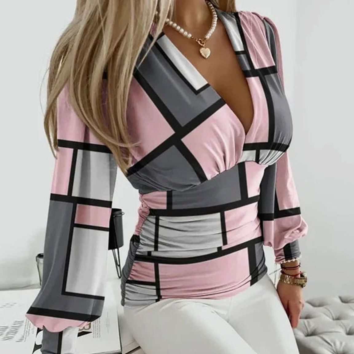 Mia | Women's Deep V-Neck Ruched Waist Blouse Long Sleeve Slim Fit Top 12