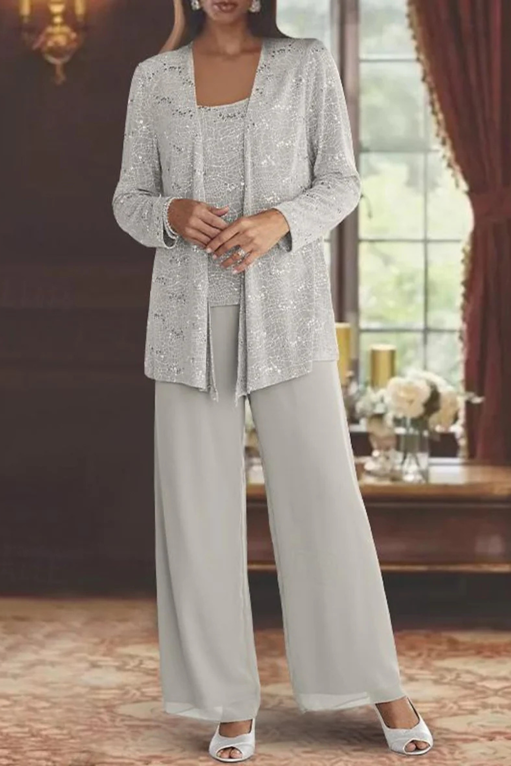 Women's sequin lace three-piece wide leg trouser suit