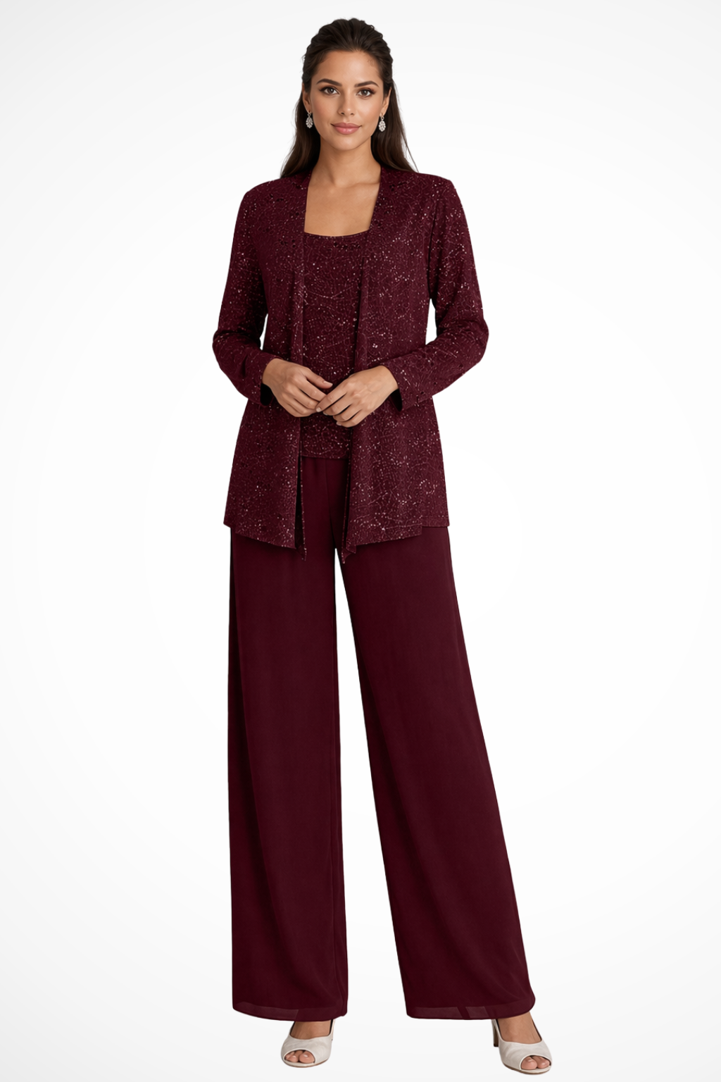 Women's sequin lace three-piece wide leg trouser suit