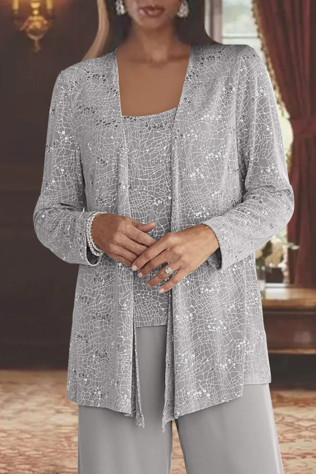 Women's sequin lace three-piece wide leg trouser suit