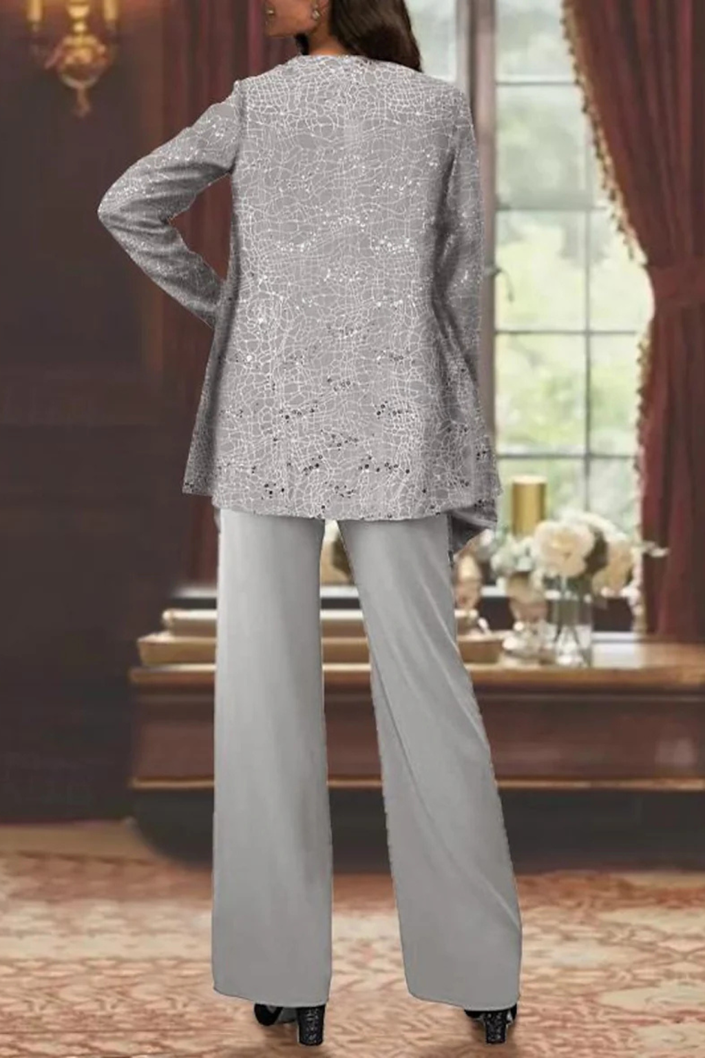 Women's sequin lace three-piece wide leg trouser suit