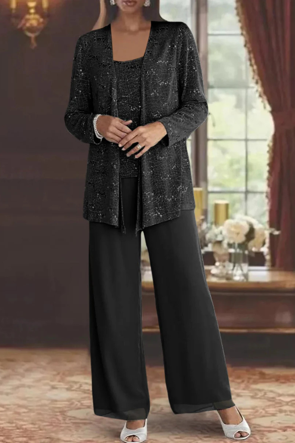 Women's sequin lace three-piece wide leg trouser suit