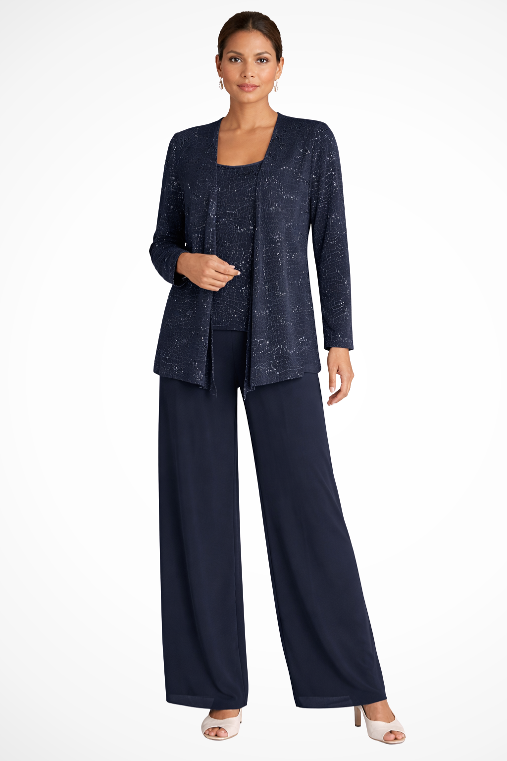 Women's sequin lace three-piece wide leg trouser suit
