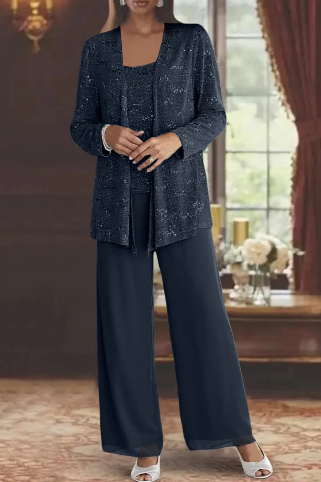 Women's sequin lace three-piece wide leg trouser suit