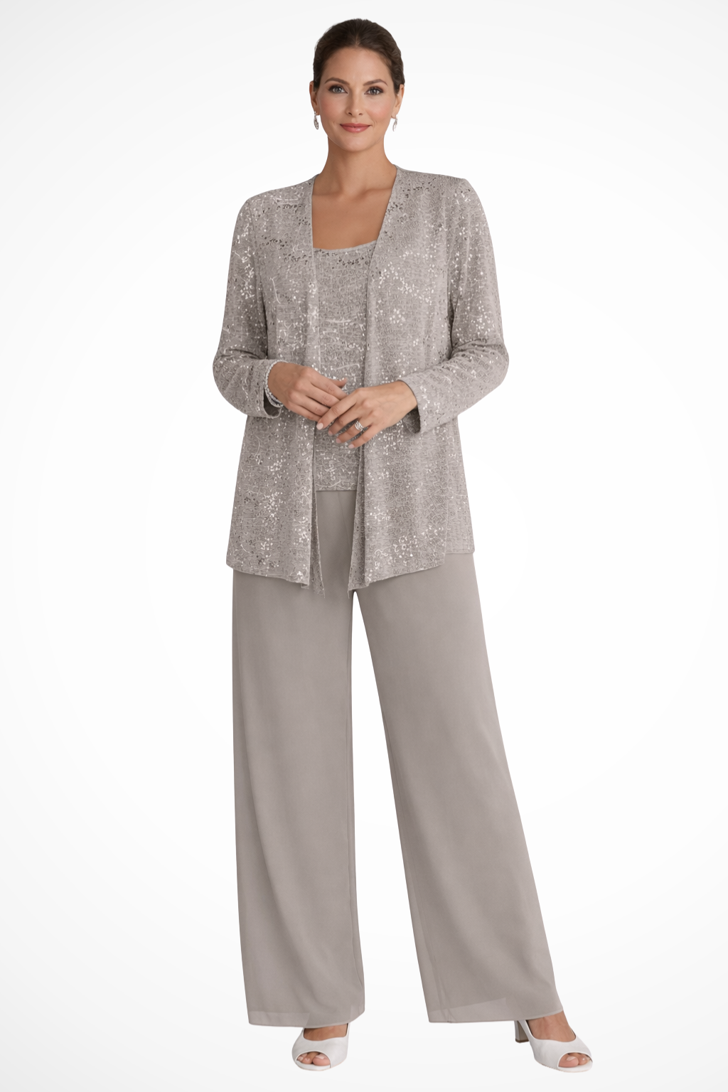 Women's sequin lace three-piece wide leg trouser suit