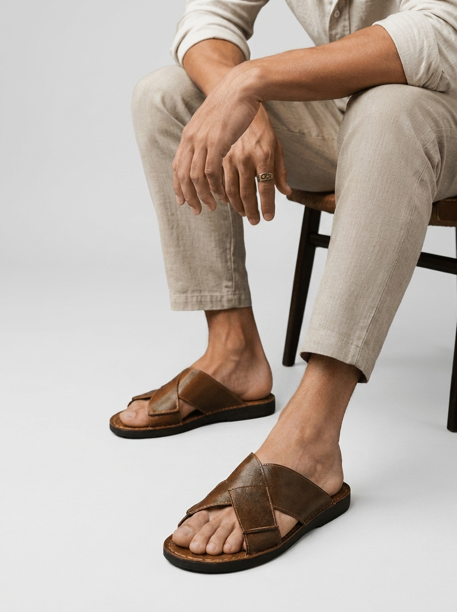 Leather Sandals with Cross-Strap Design