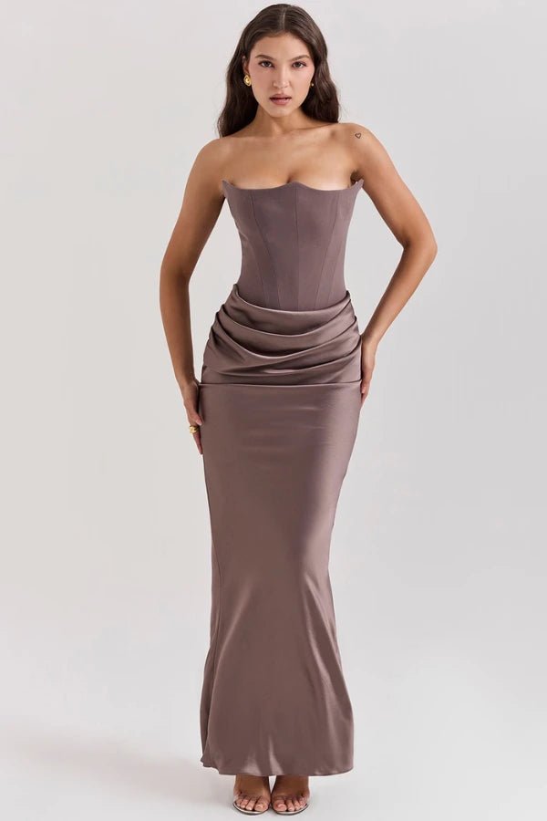 Women's smoke strapless satin evening gown with a sweetheart neck