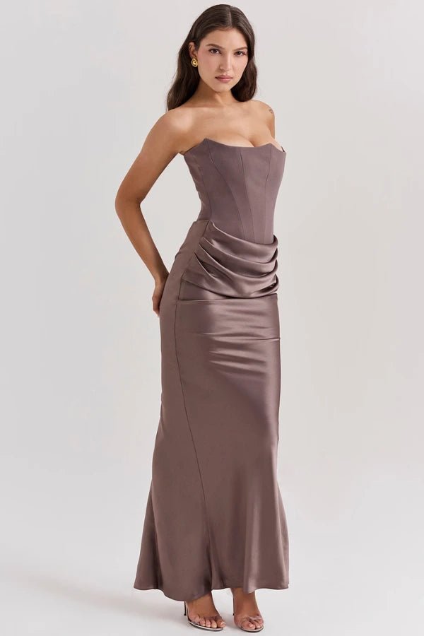 Women's smoke strapless satin evening gown with a sweetheart neck
