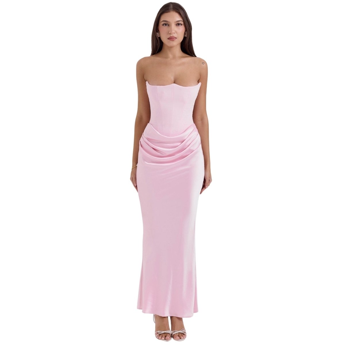Women's ruby strapless satin evening gown with a sweetheart neck