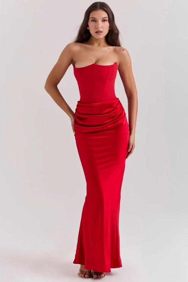 Women's ruby strapless satin evening gown with a sweetheart neck