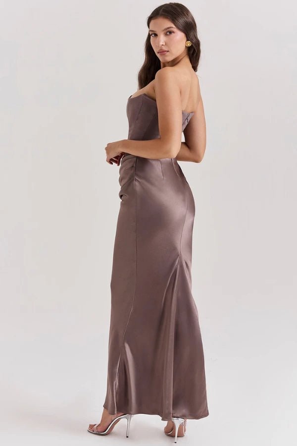 Women's smoke strapless satin evening gown with a sweetheart neck