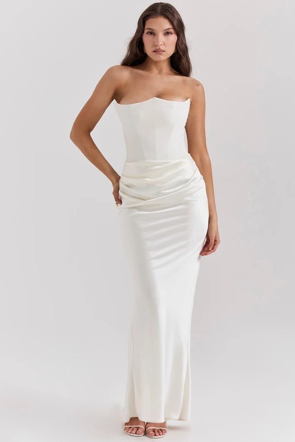 Women's ivory strapless satin evening gown with a sweetheart neck