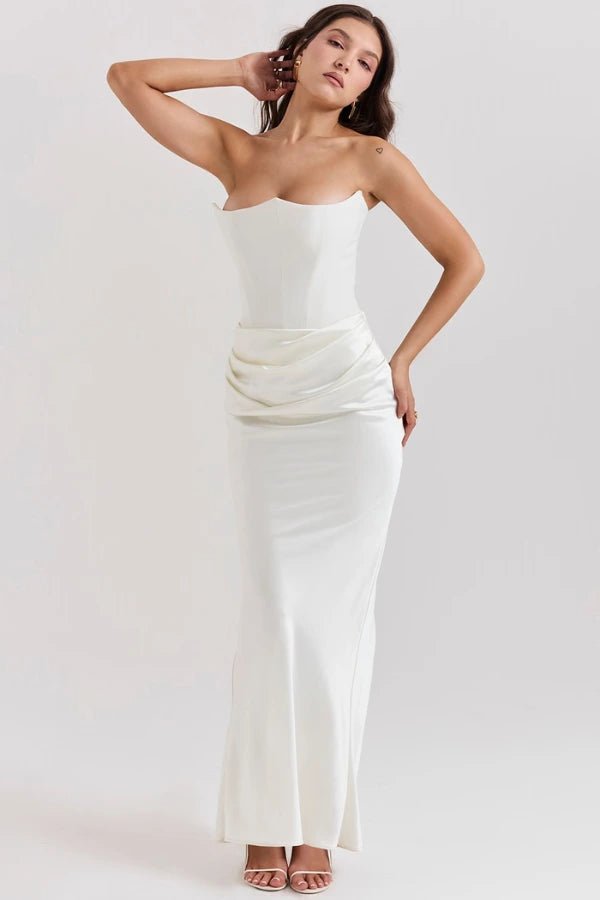 Women's ivory strapless satin evening gown with a sweetheart neck