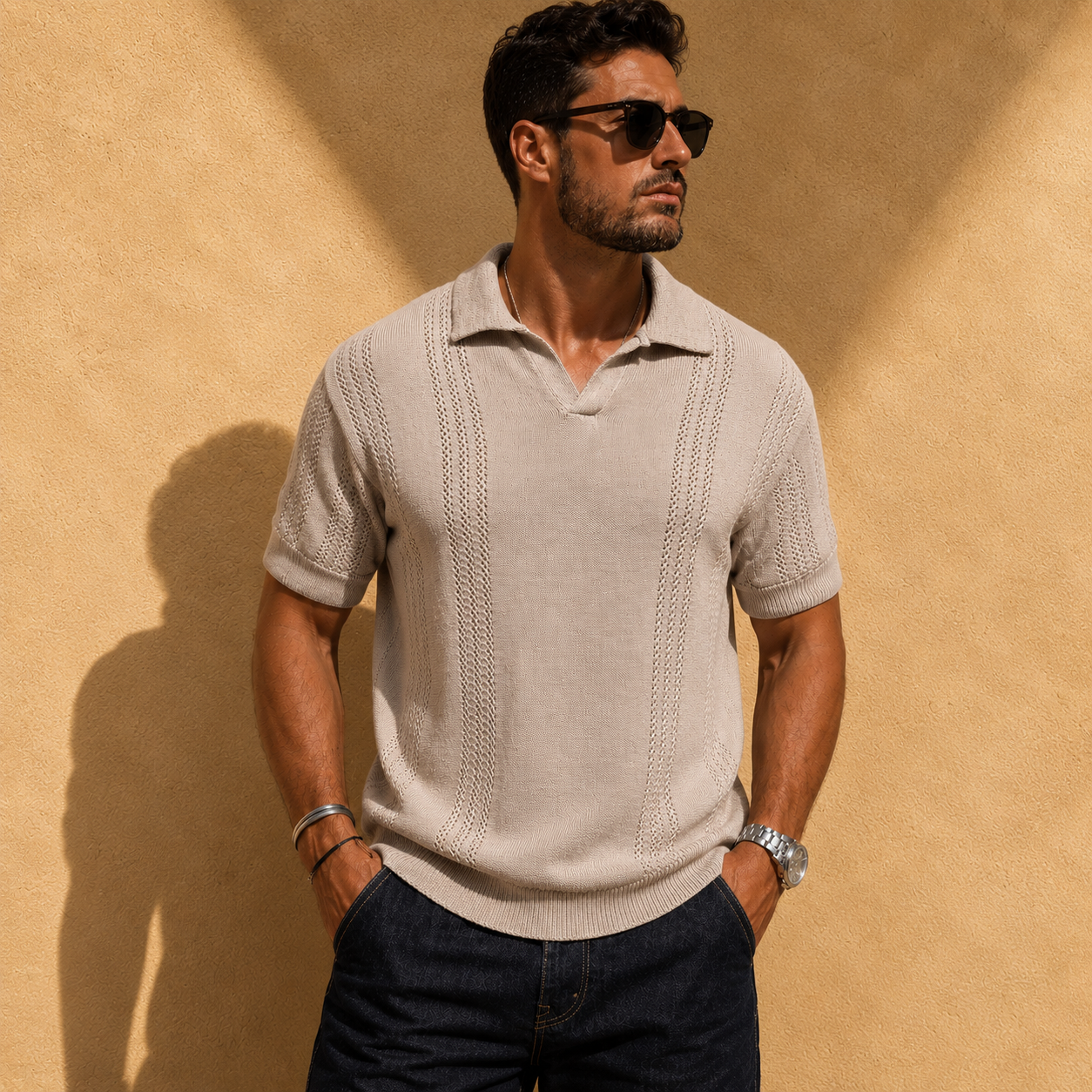 Men's white open knit short-sleeve polo shirt