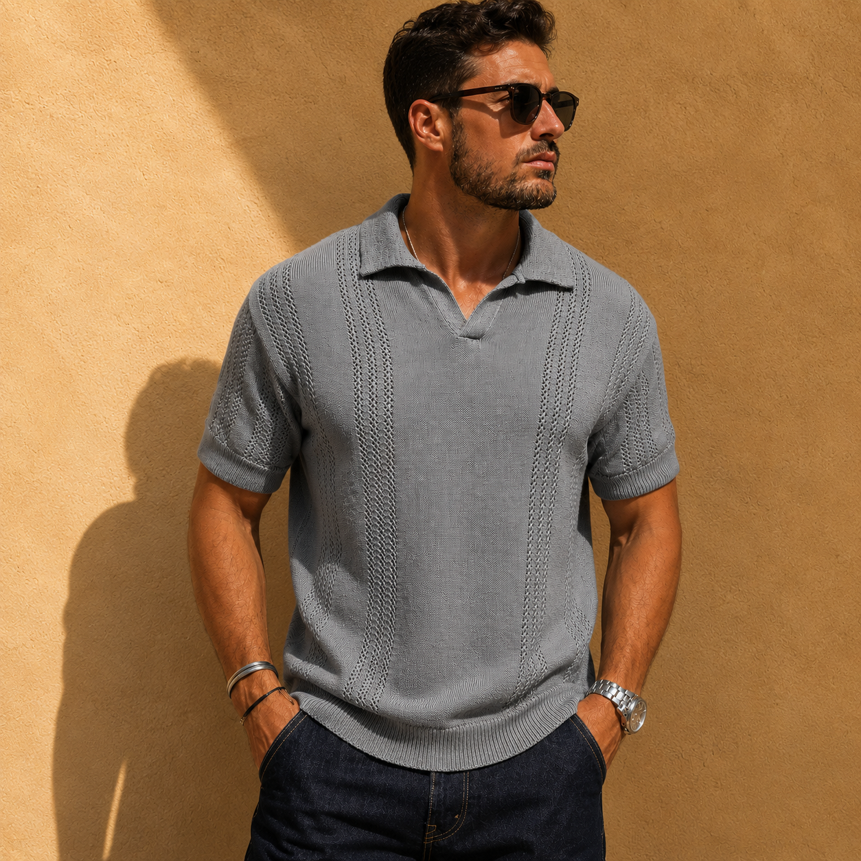 Men's white open knit short-sleeve polo shirt