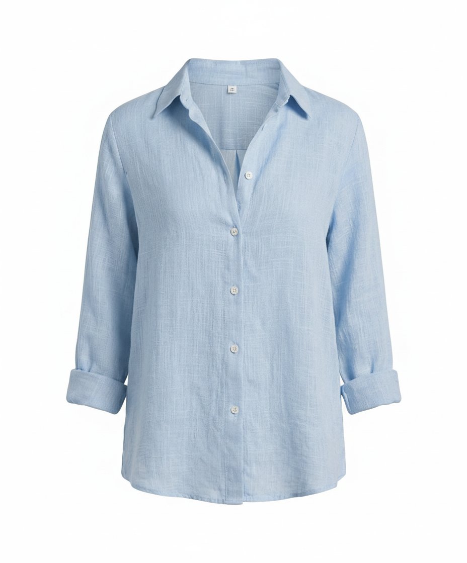 Women's white linen shirt with classic collar and three-quarter sleeves