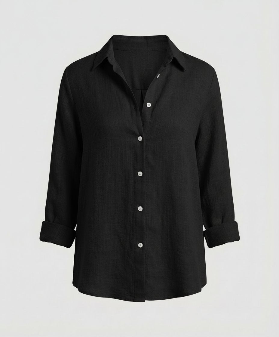 Women's blue linen shirt with classic collar and three-quarter sleeves