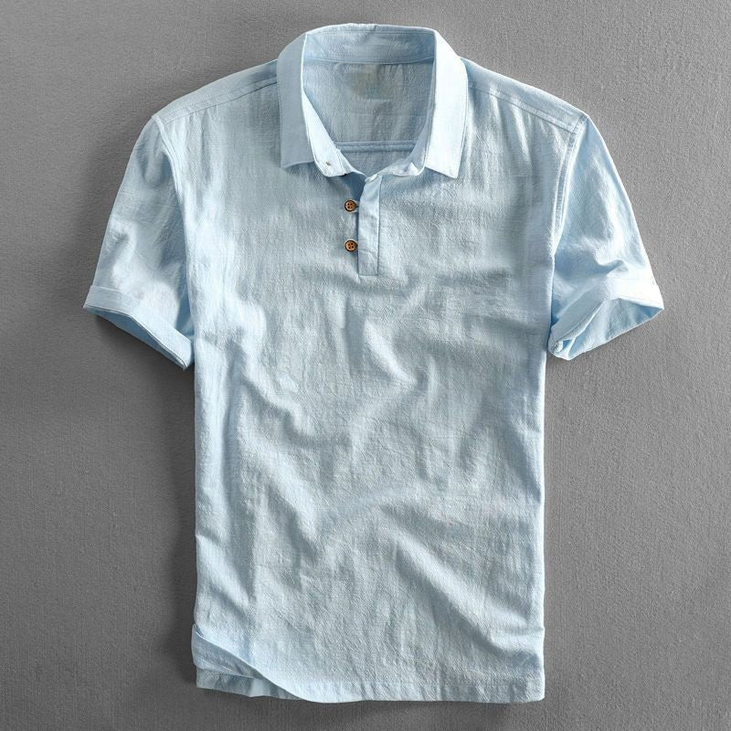 Men's dark blue linen polo shirt with short sleeves
