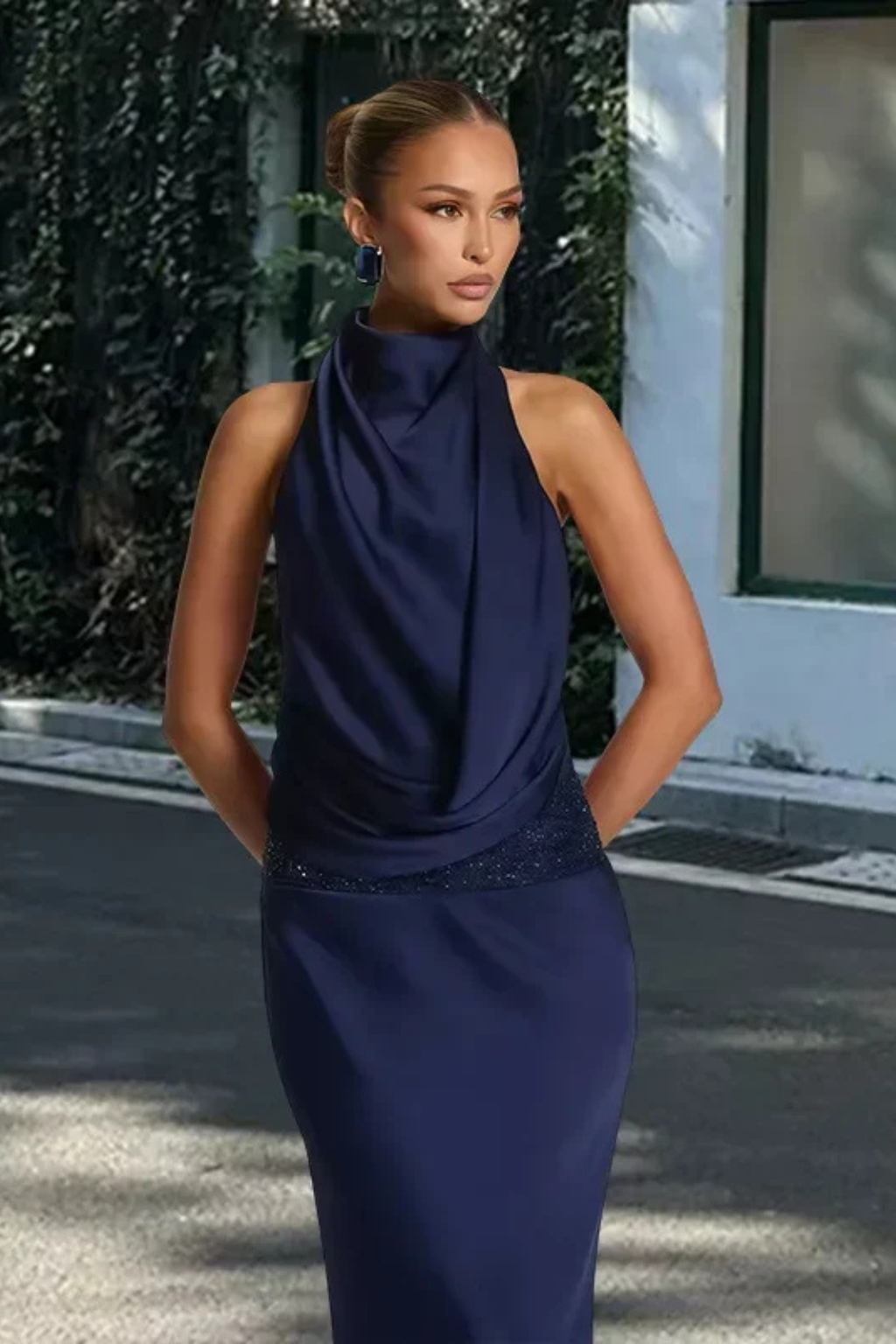Women's halter neck draped satin maxi dress