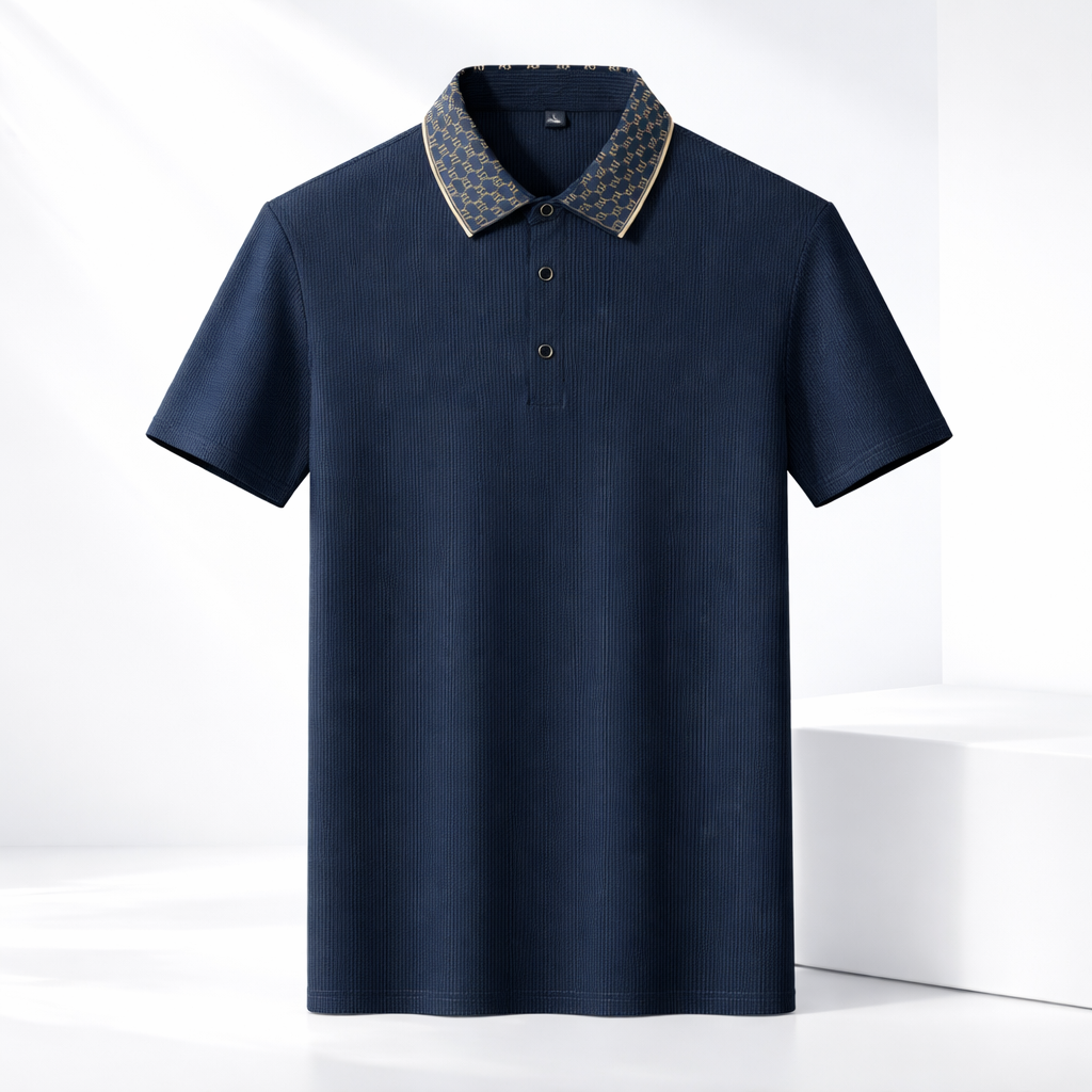 Men's navy blue contrast collar textured polo shirt