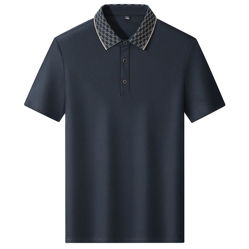 Men's navy blue contrast collar textured polo shirt