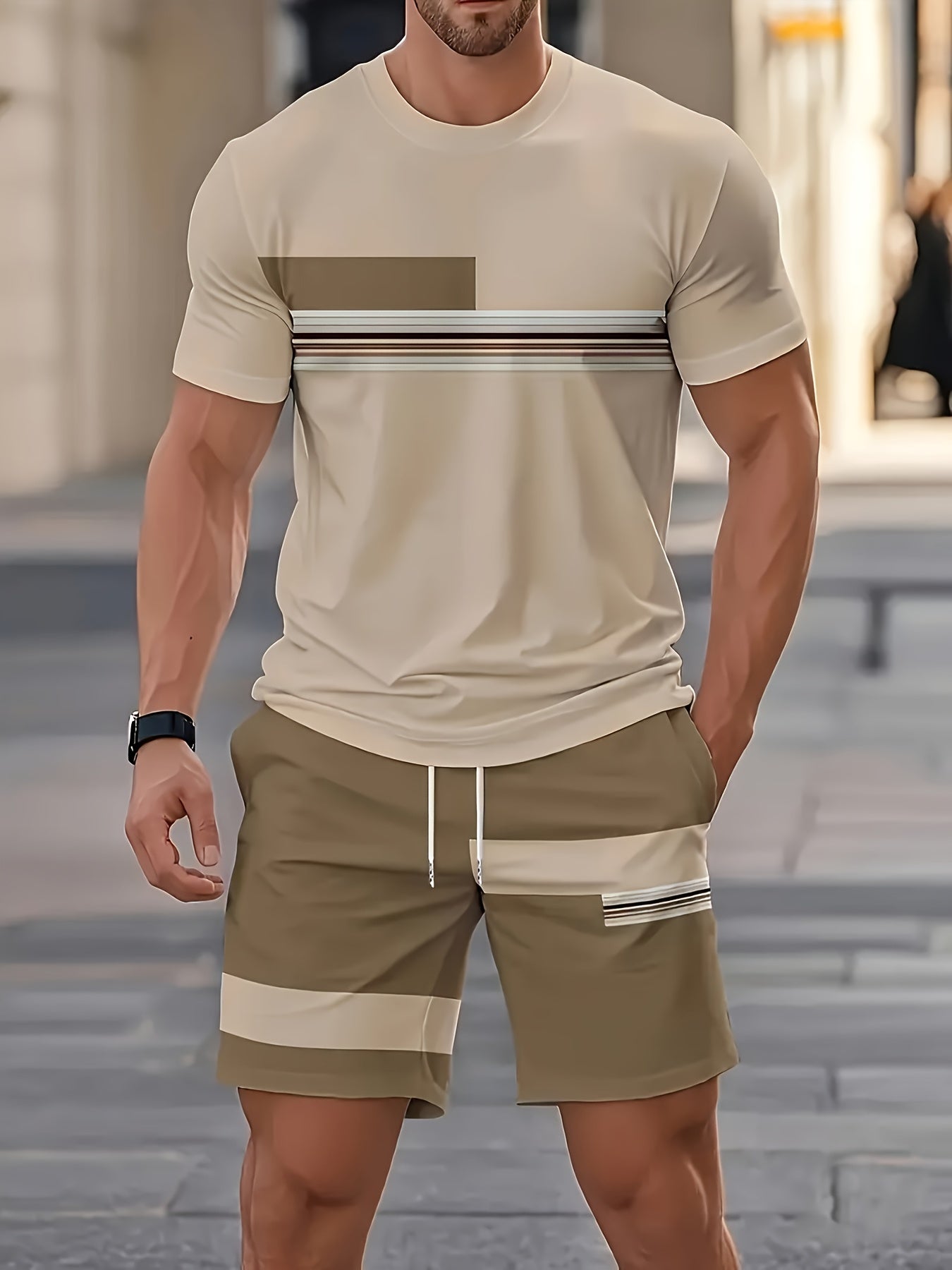 Men's beige printed t-shirt and shorts co-ord set