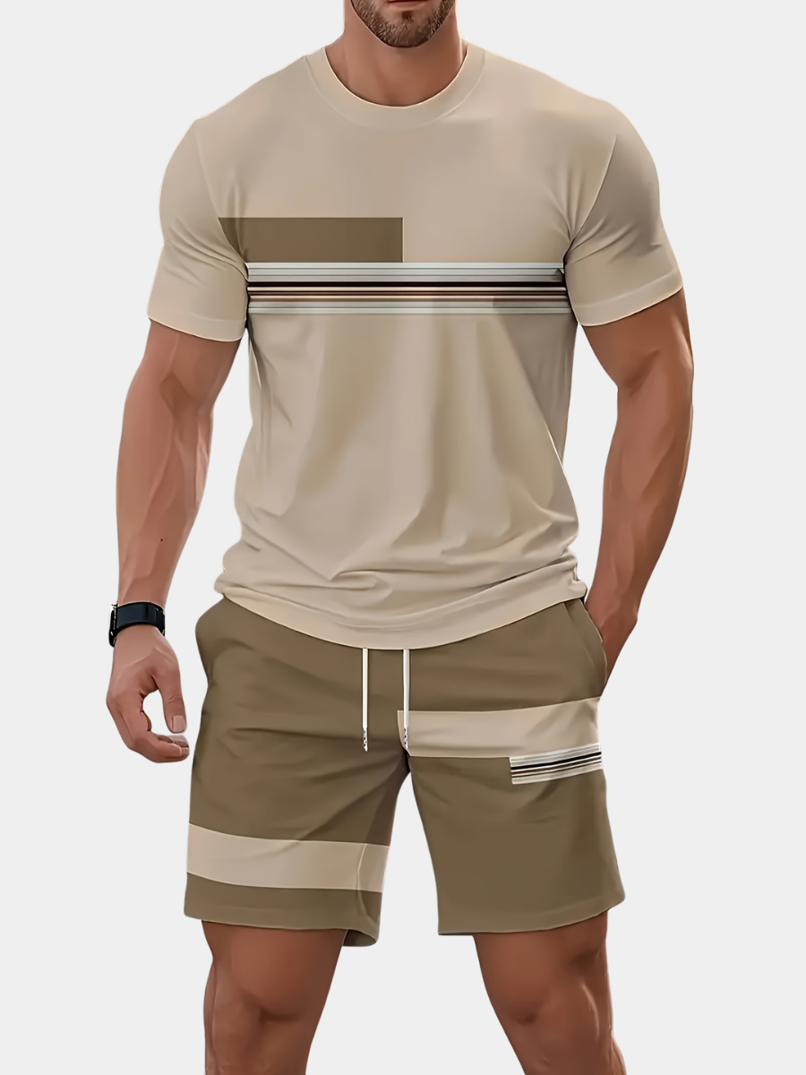Men's beige printed t-shirt and shorts co-ord set