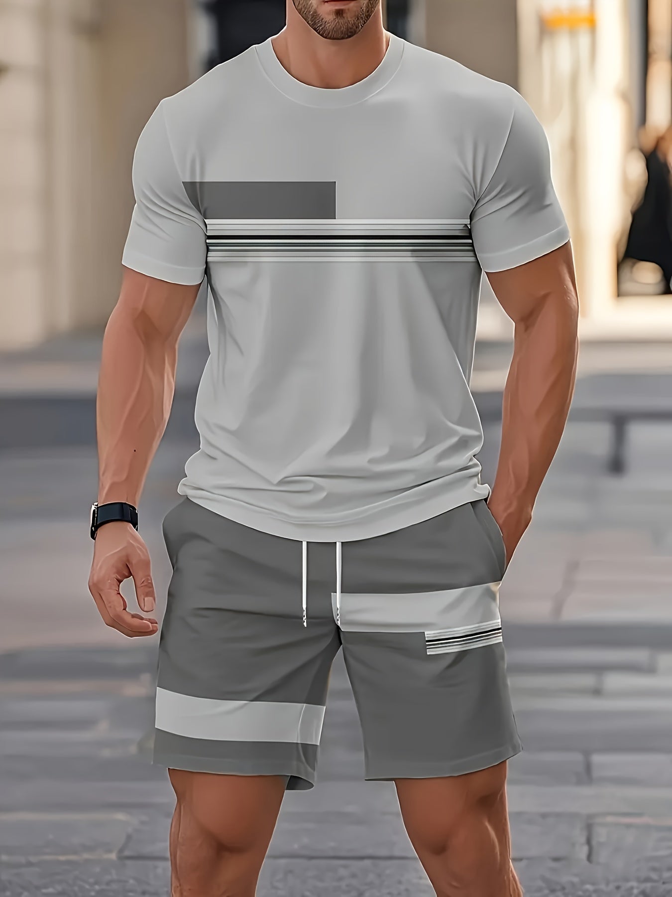 Men's beige printed t-shirt and shorts co-ord set