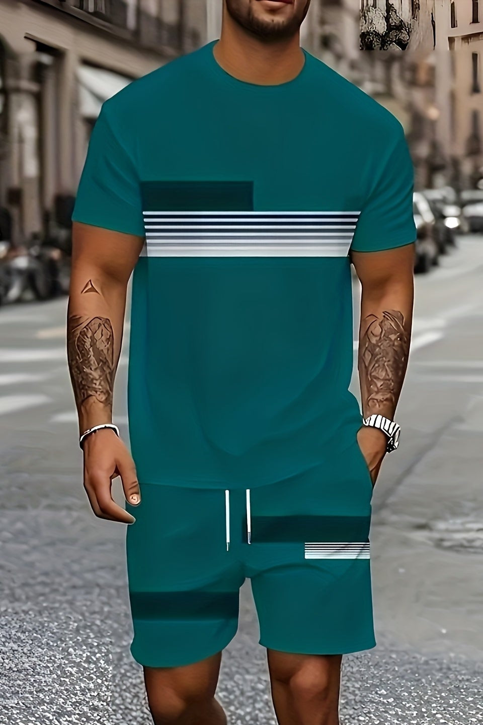 Men's light green printed t-shirt and shorts co-ord set