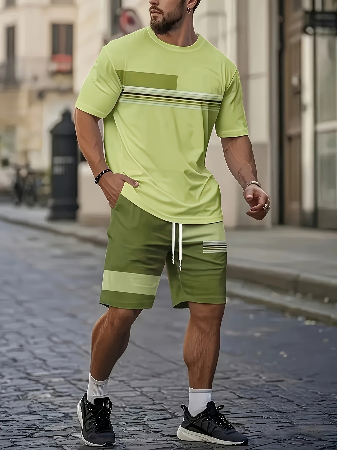 Men's light green printed t-shirt and shorts co-ord set