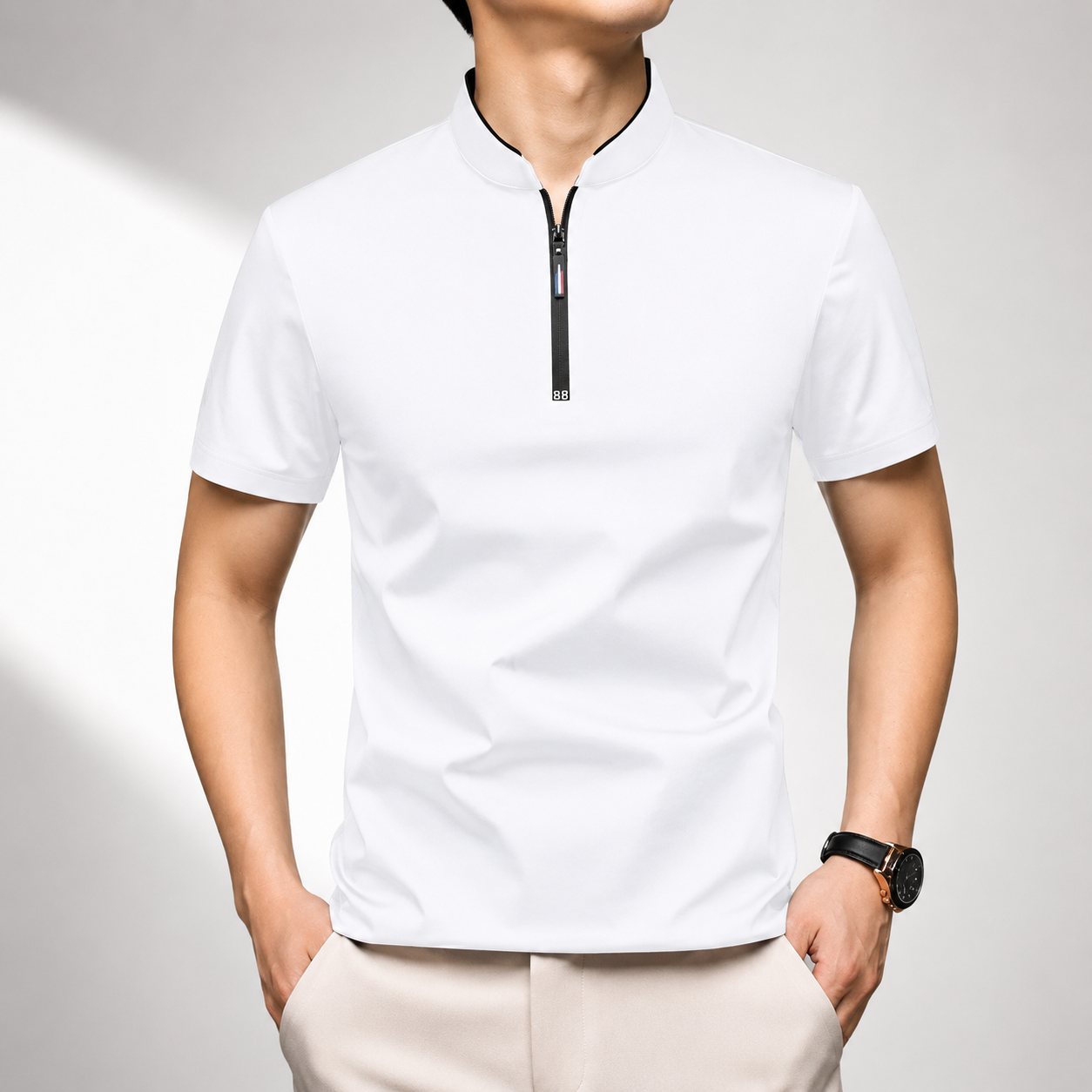 Men's white quarter-zip short-sleeve polo shirt