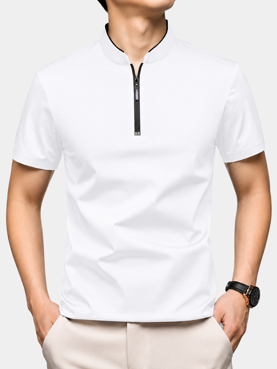 Men's white quarter-zip short-sleeve polo shirt