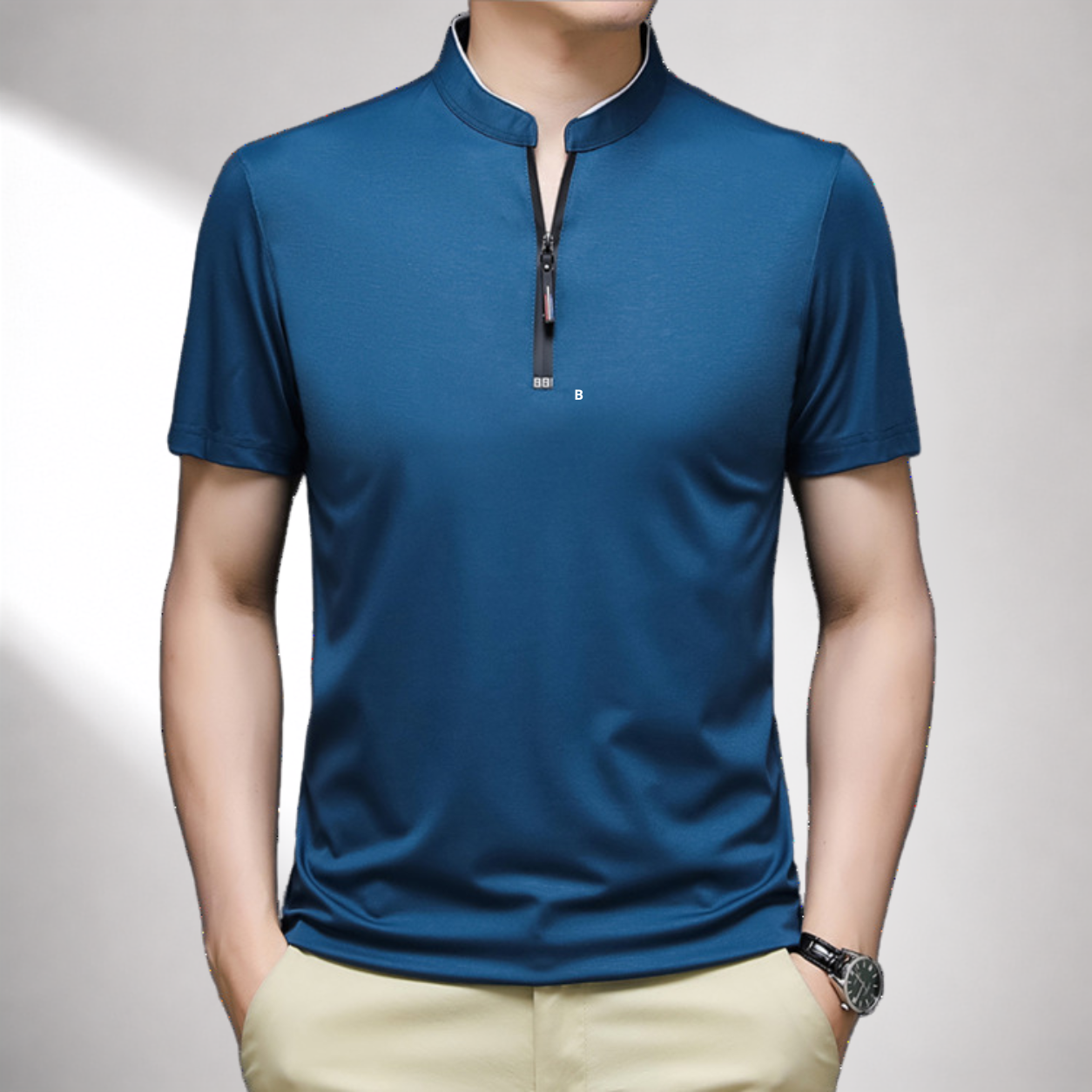 Men's white quarter-zip short-sleeve polo shirt