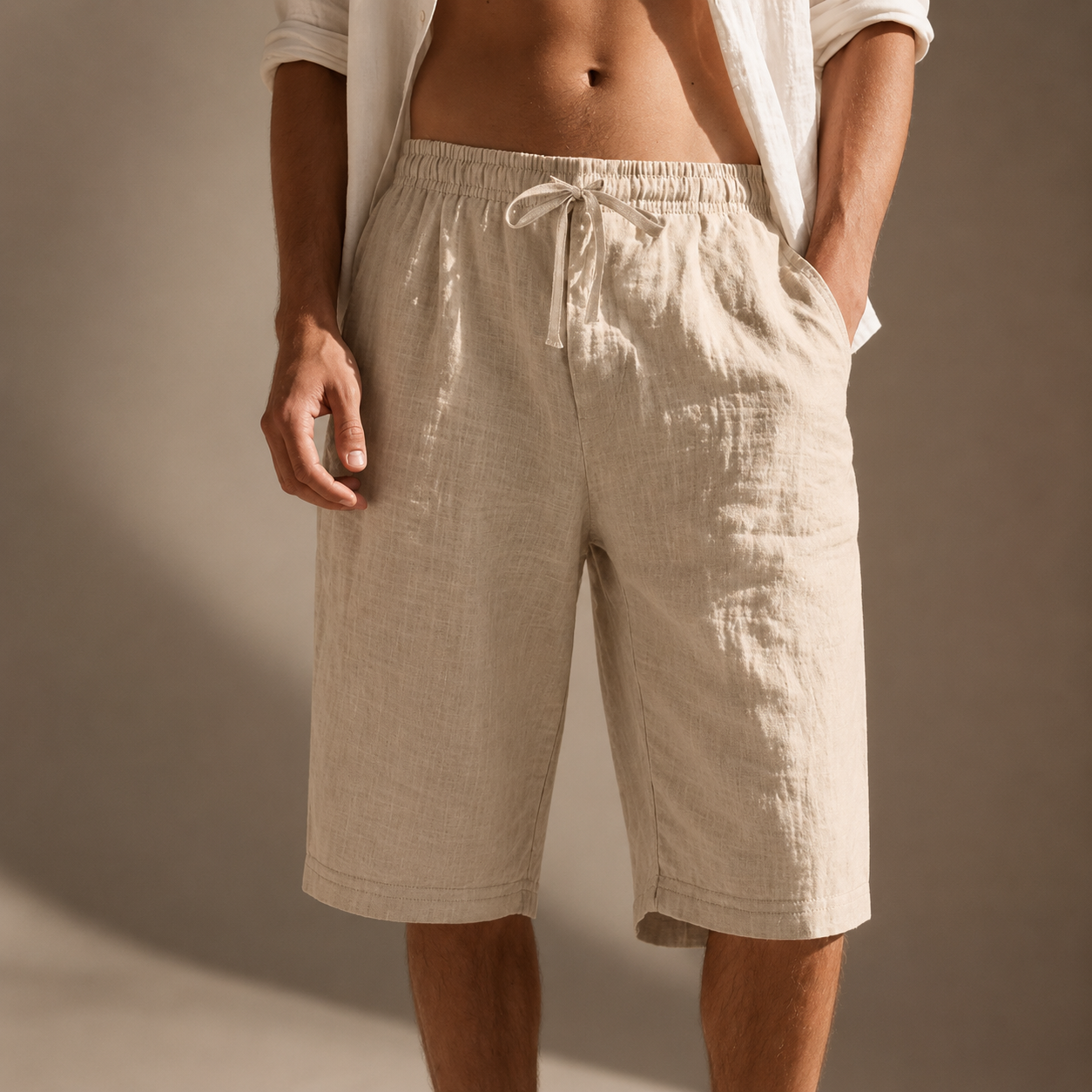 Men's white relaxed fit linen drawstring shorts