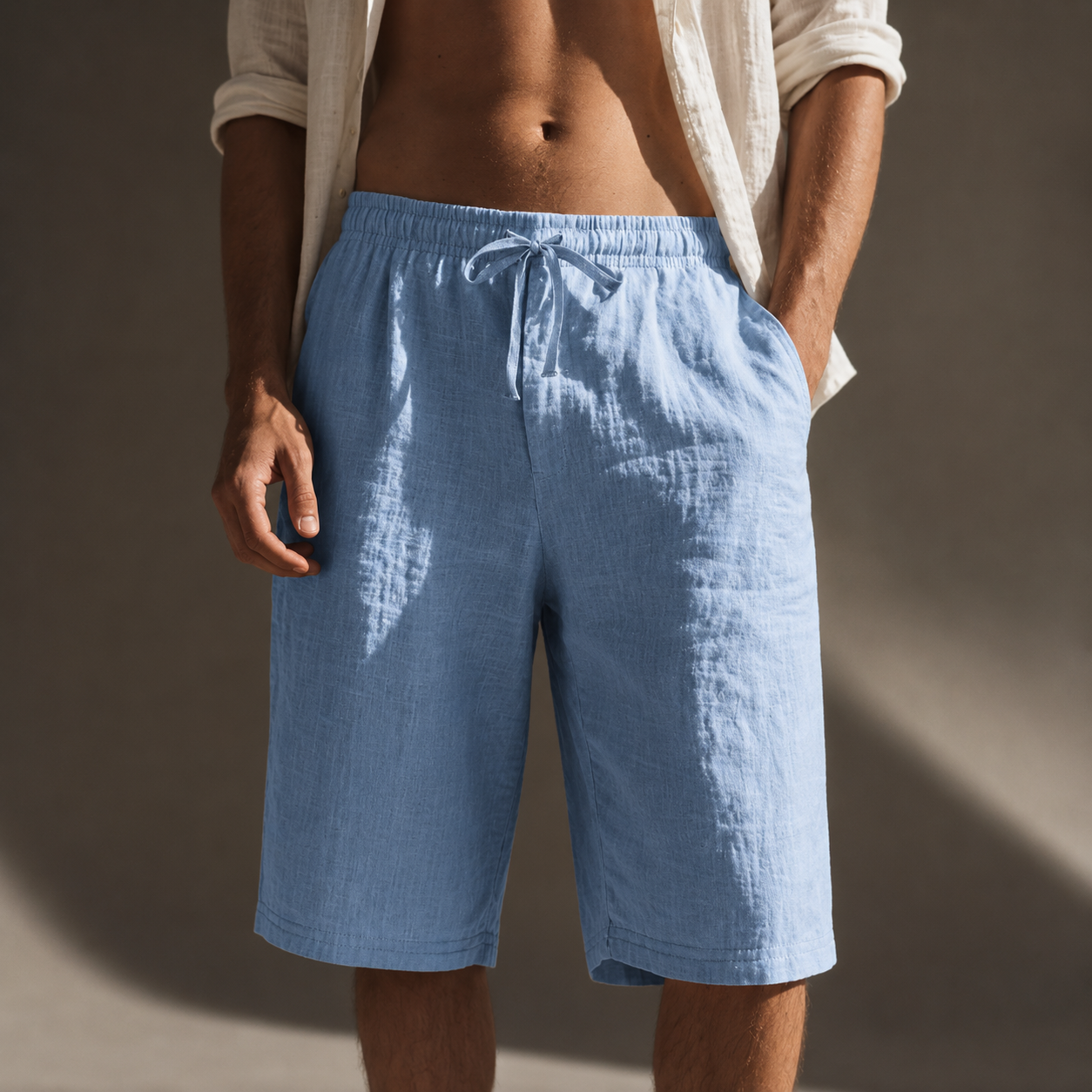 Men's white relaxed fit linen drawstring shorts