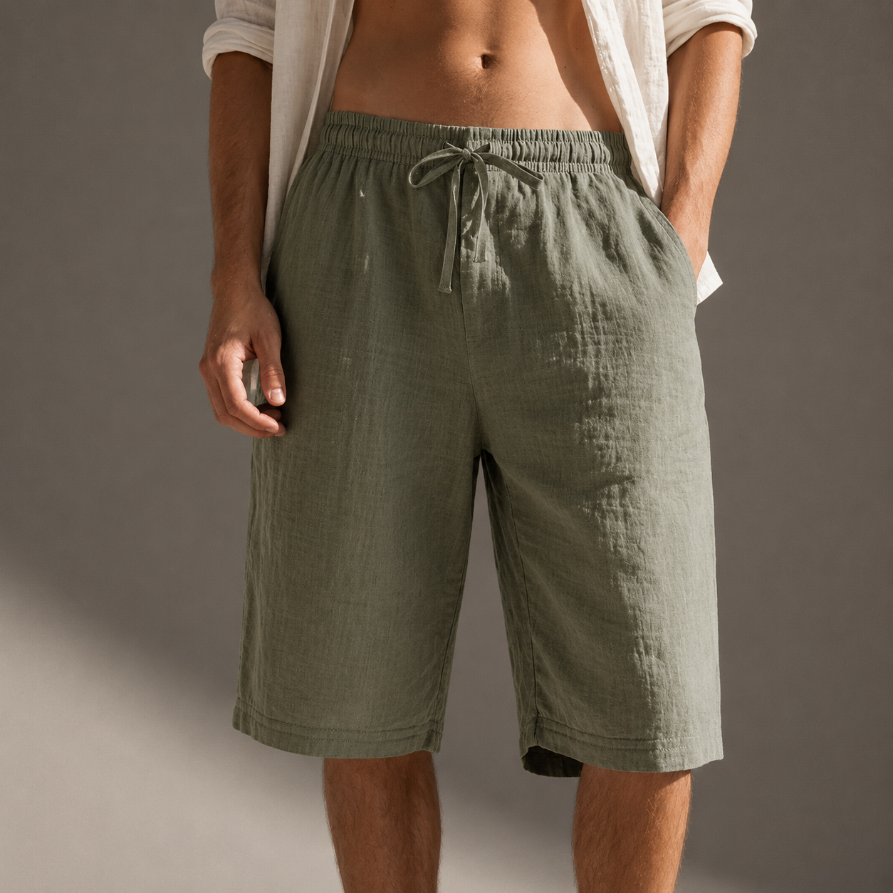 Men's white relaxed fit linen drawstring shorts