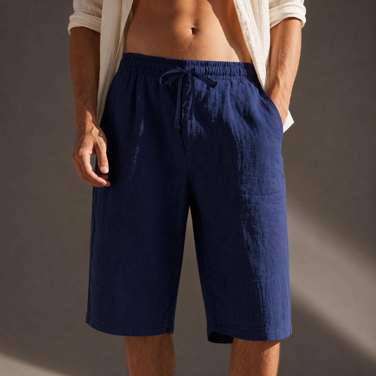 Men's beige relaxed fit linen drawstring shorts