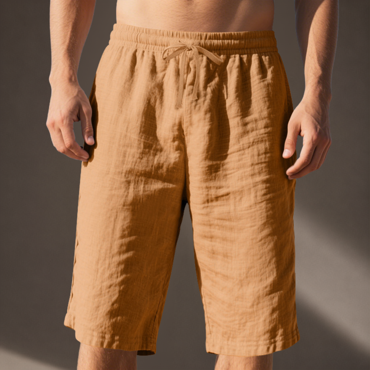 Men's beige relaxed fit linen drawstring shorts