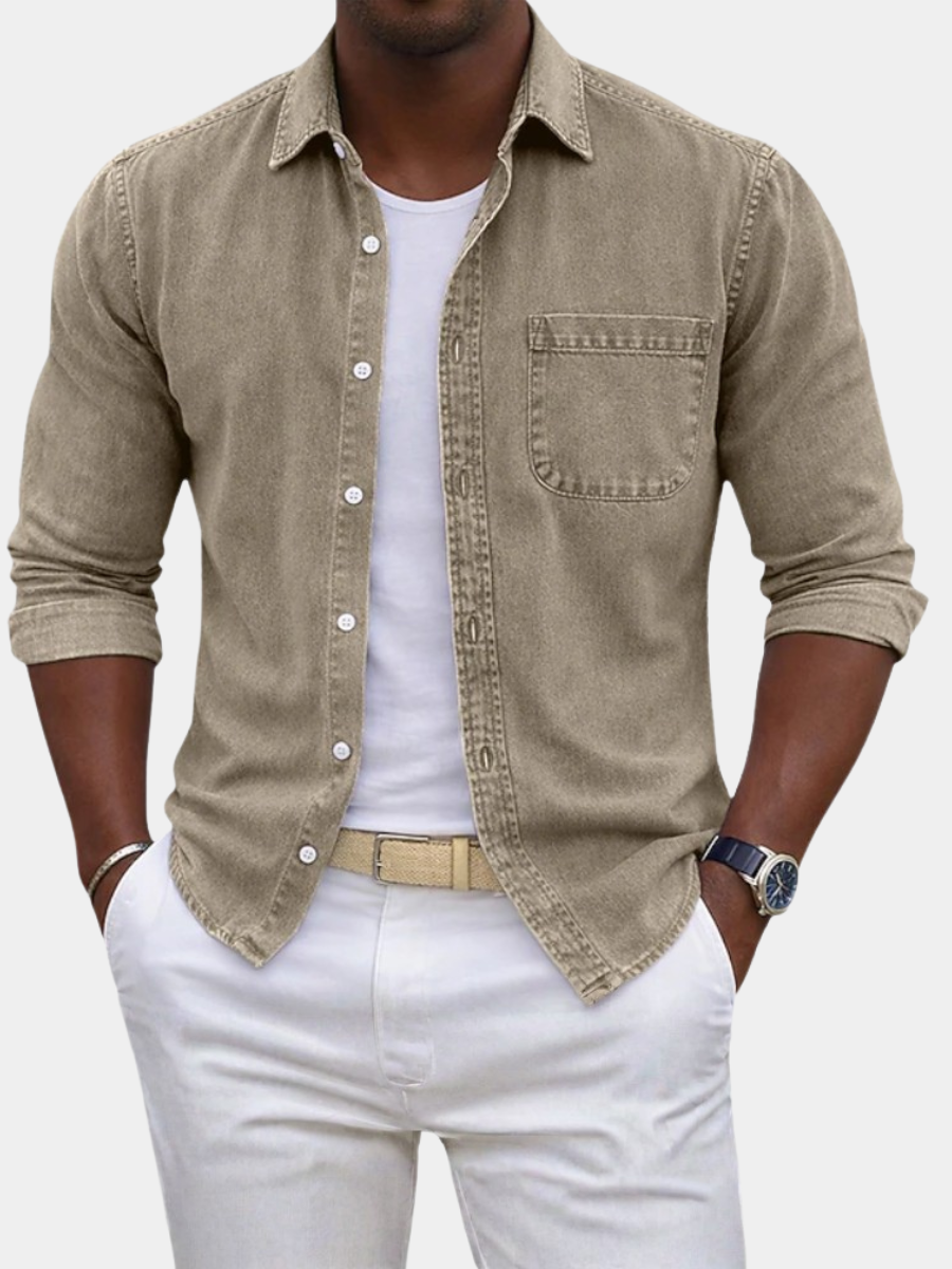 Men's beige cotton long-sleeve shirt with roll-up cuffs